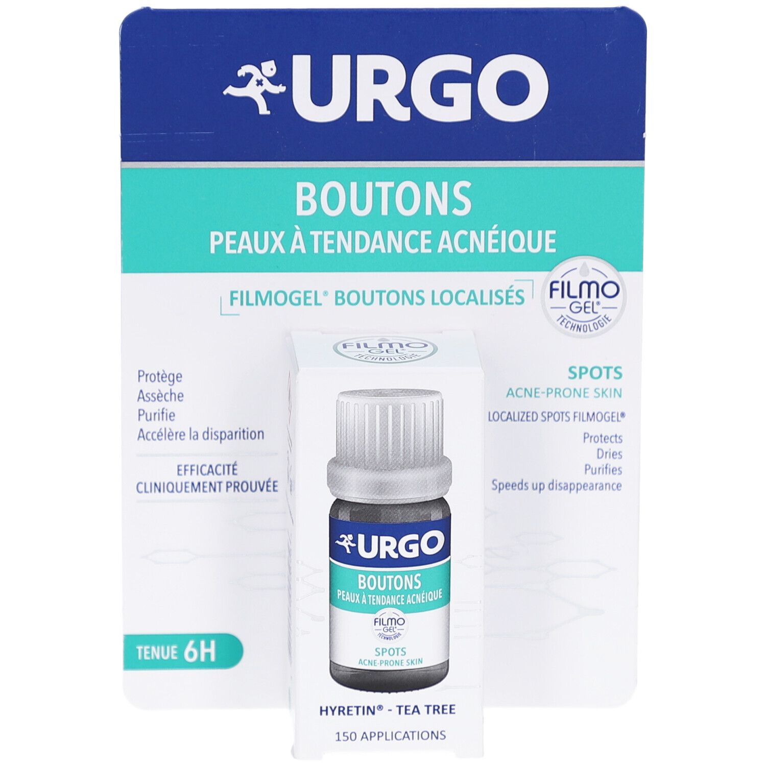 Emballage produit et flacon. Inscriptions: URGO, Boutons, Filmogel, Spots. Flacon avec bouchon à vis.