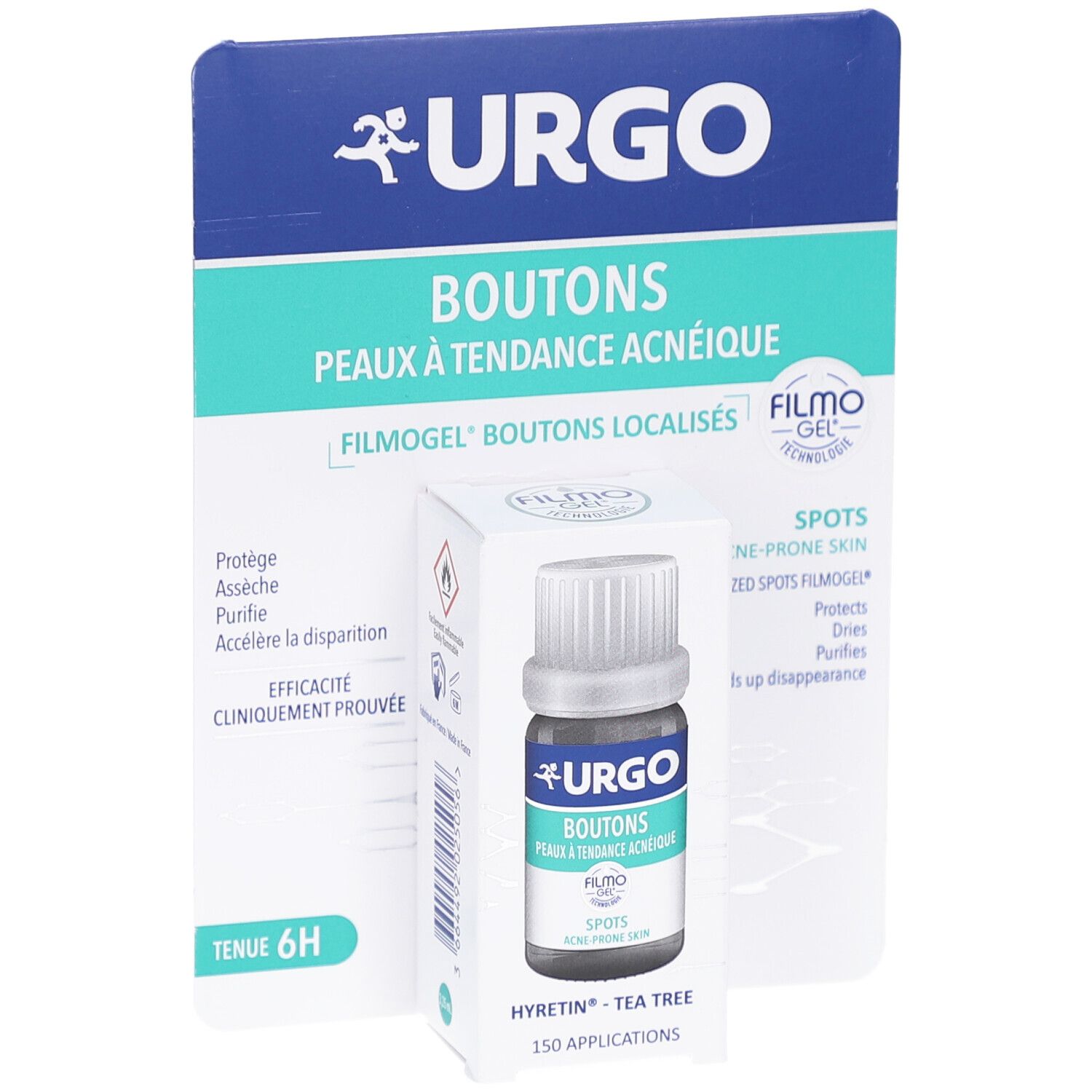 Emballage produit et flacon. Inscriptions: URGO, Boutons, Filmogel, Spots. Flacon avec bouchon à vis.