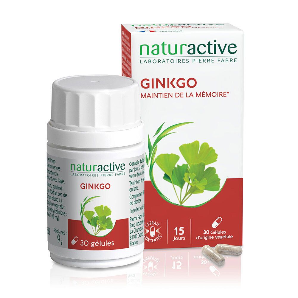 Flacon et boîte de gélules de Ginkgo. Inscription: NATURACTIVE GINKGO. 30 gélules.