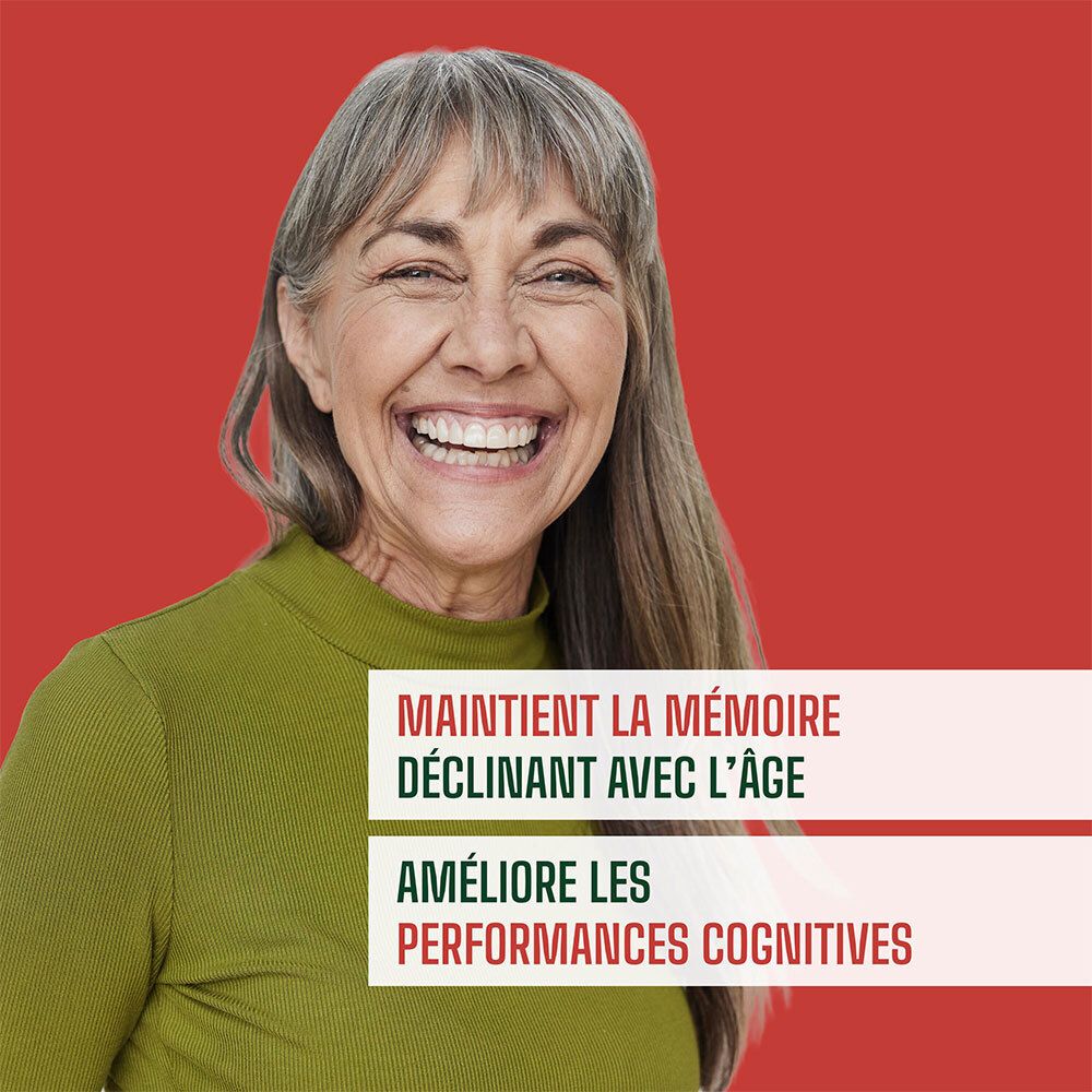 Femme souriante. Texte: MAINTIENT LA MÉMOIRE DÉCLINANT AVEC L'ÂGE. AMÉLIORE LES PERFORMANCES COGNITIVES.