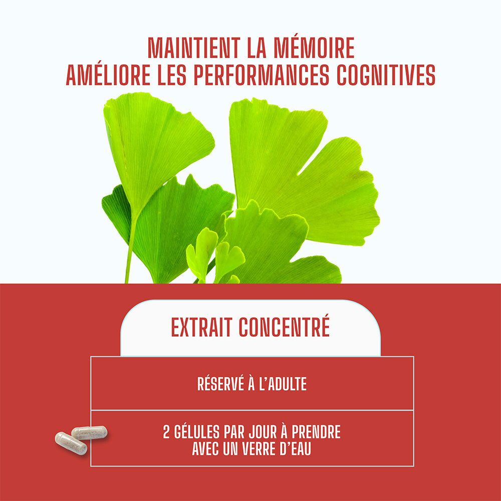 Feuilles de Ginkgo et texte: MAINTIENT LA MÉMOIRE. AMÉLIORE LES PERFORMANCES COGNITIVES. EXTRAIT CONCENTRÉ.