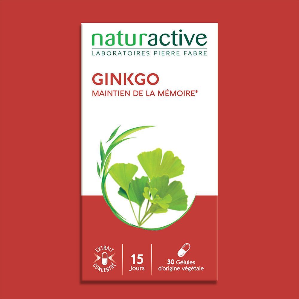 Boîte de gélules de Ginkgo. Texte: NATURACTIVE GINKGO. MAINTIEN DE LA MÉMOIRE. 30 gélules.