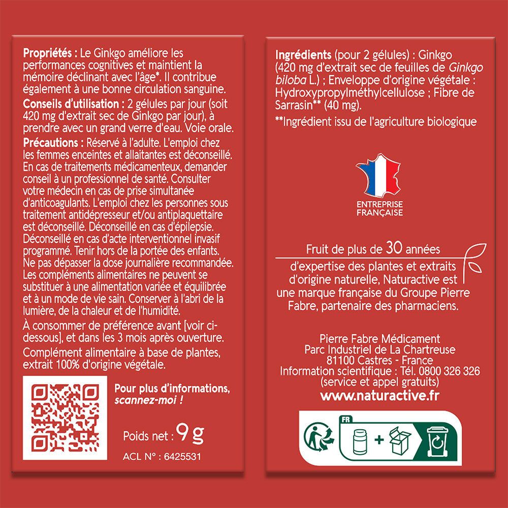 Dos de la boîte avec informations sur les ingrédients et mode d'emploi.