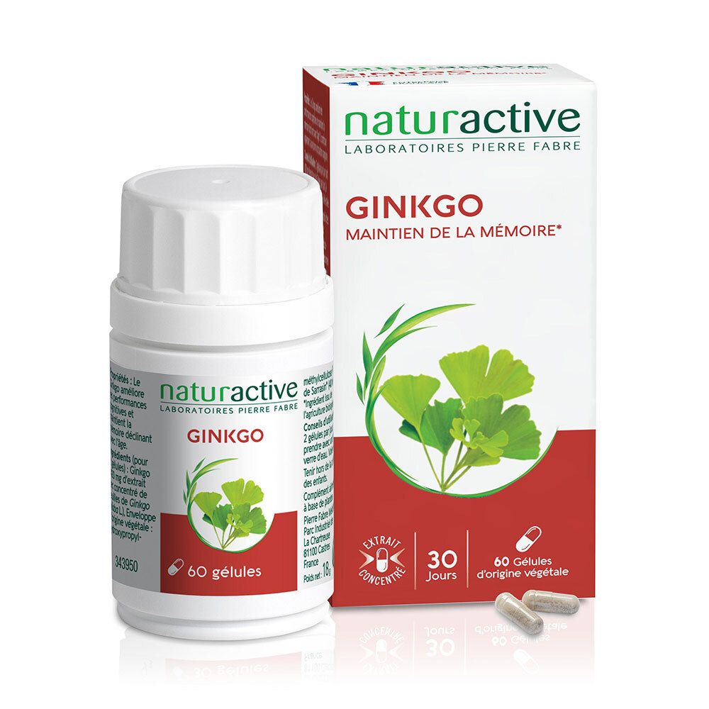 Flacon et boîte de Ginkgo. Inscription: Naturactive Ginkgo, 60 gélules. Extrait concentré.