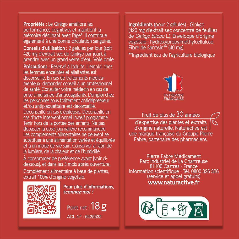 Dos de la boîte avec informations produit. Texte en français.