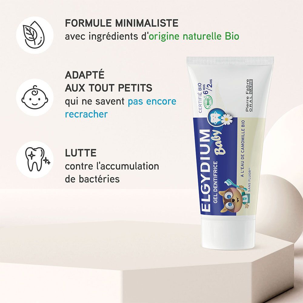 Gel dentifrice ELGYDIUM Baby. Illustrations : certification Bio, bébé, dent. Texte : Adapté aux tout petits qui ne savent pas encore recracher.