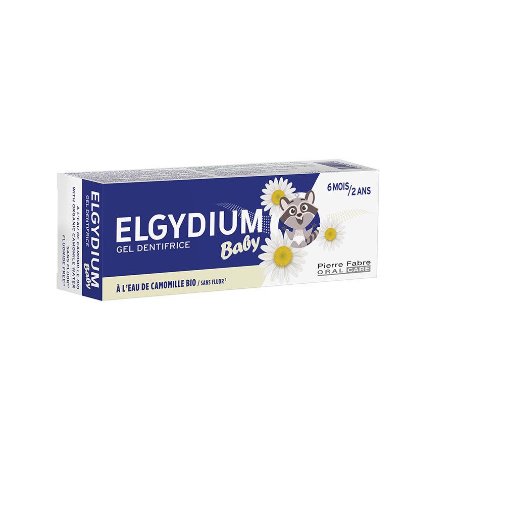Gel dentifrice ELGYDIUM Baby en emballage carton. Blanc, bleu, illustration de fleurs de camomille. Pour 6 mois à 2 ans.