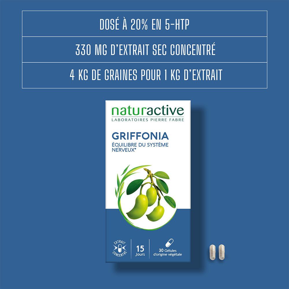 Graphique bleu avec texte. Contient des informations sur les ingrédients et le dosage. Emballage du produit en arrière-plan.
