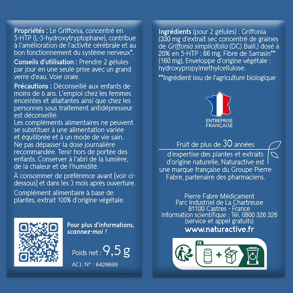 Dos de l'emballage du produit. Informations textuelles, code QR, logo. Drapeau français.