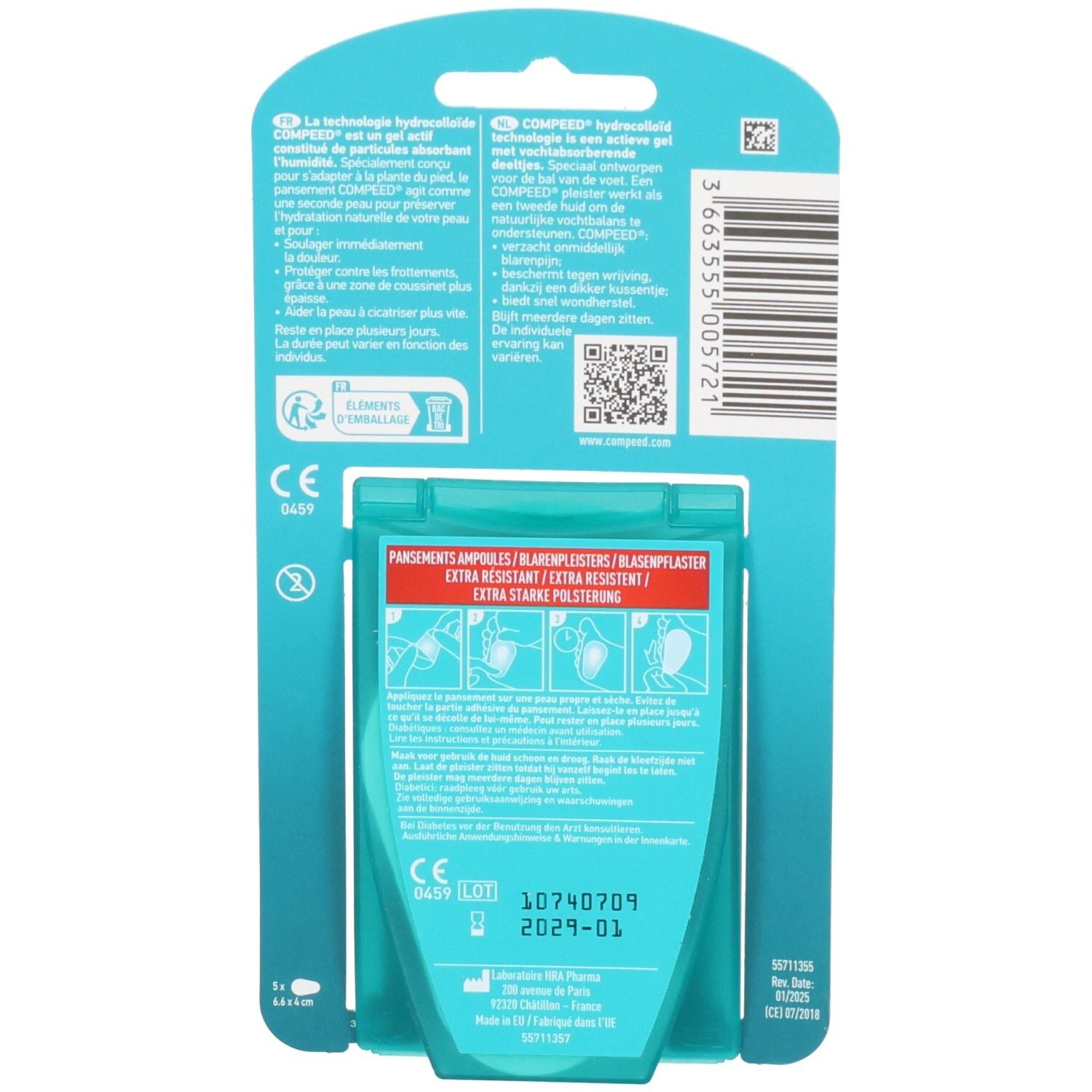 Dos de l'emballage des pansements Compeed pour ampoules avec instructions.