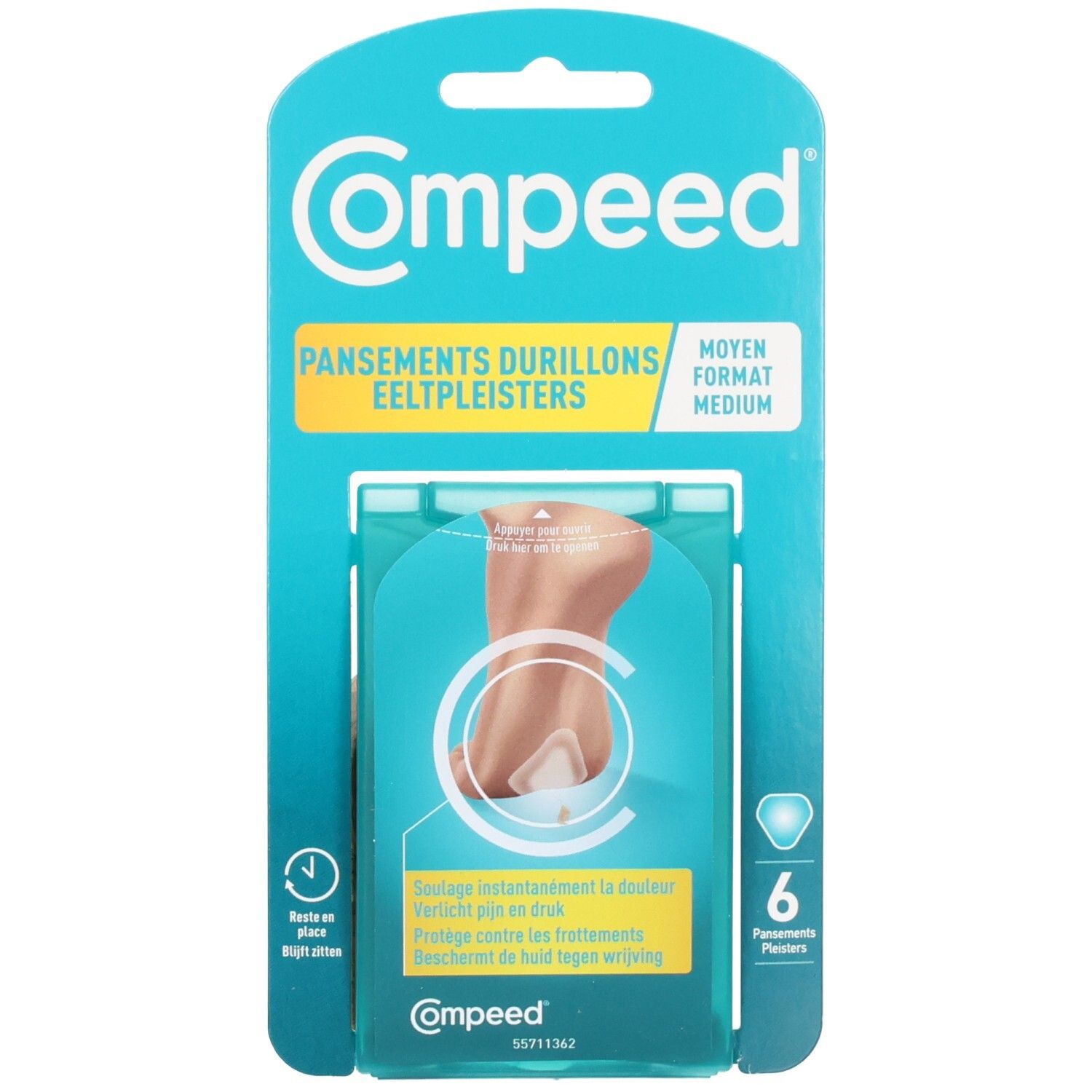 Emballage de COMPEED pour cors. Contient 6 pansements. Emballage bleu avec illustration et texte du produit.