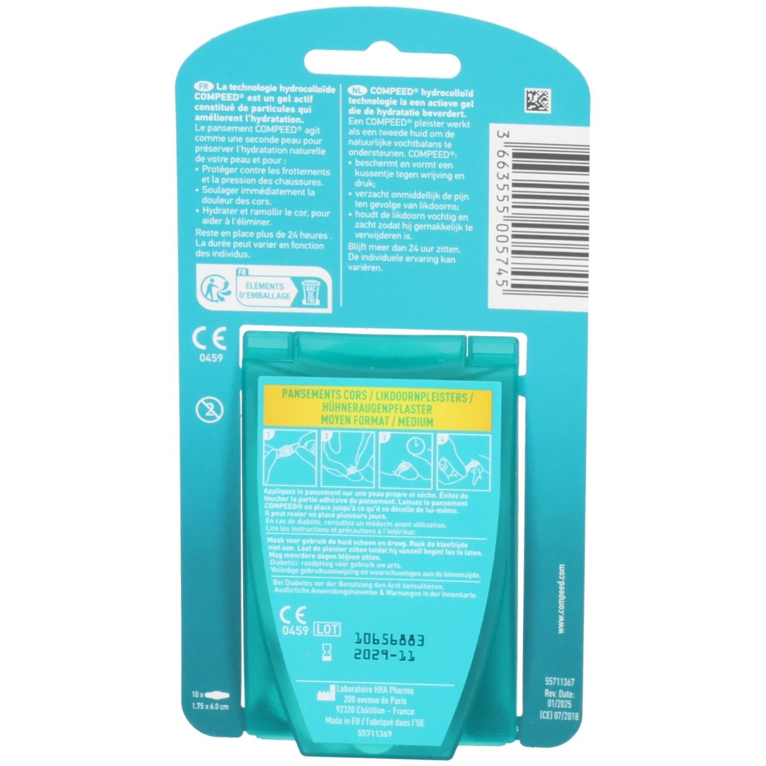 Dos de Compeed Pansements Cors Moyen Format, avec instructions et marquage CE.