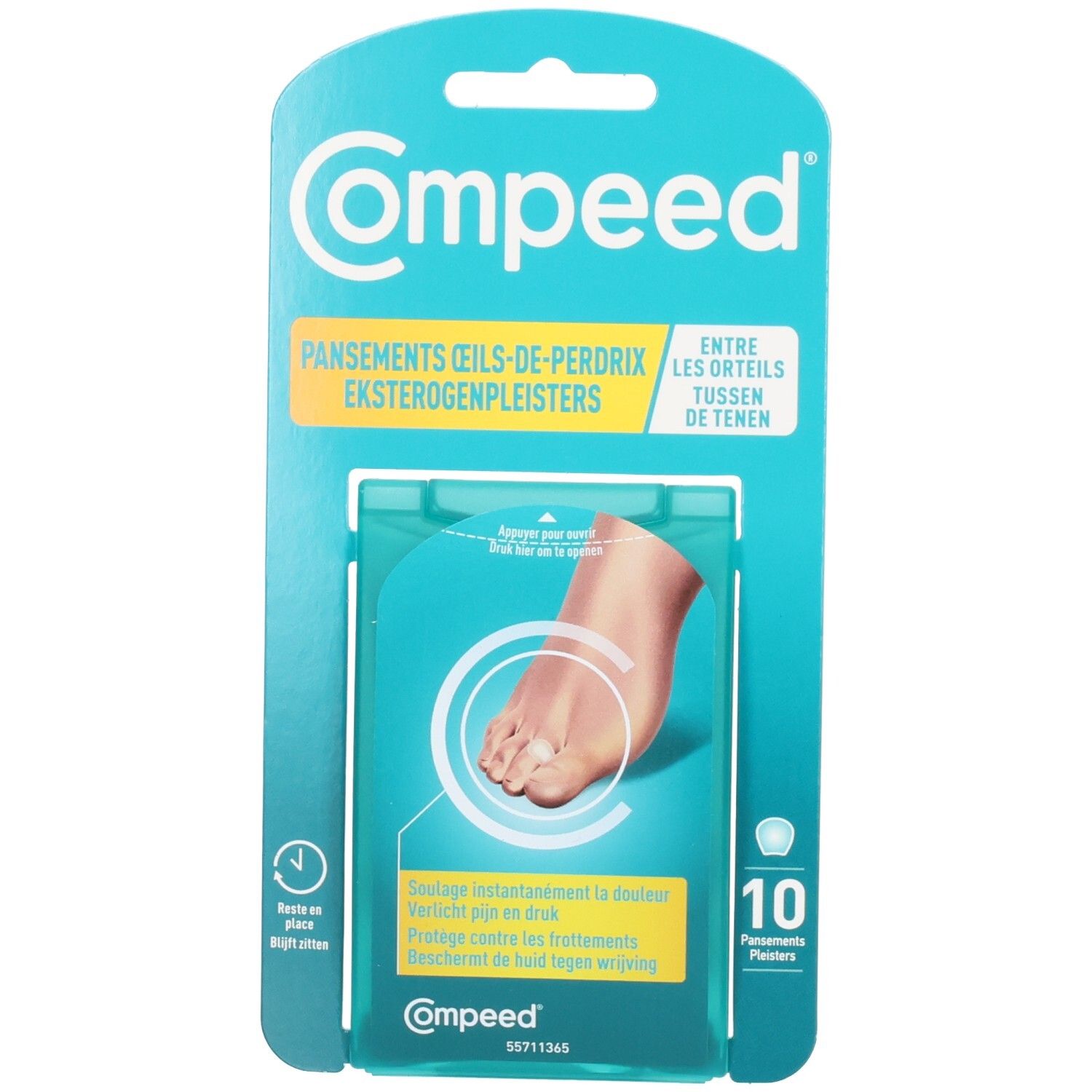 Compeed Pansements Œil de Perdrix: 10 pansements. Montre un pied avec un œil de perdrix couvert par un pansement.