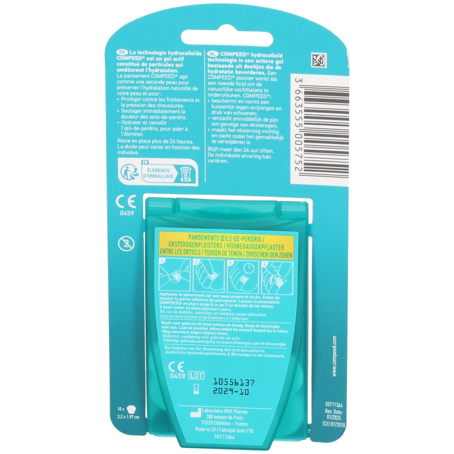 Dos de l'emballage Compeed Pansements Œil de Perdrix avec instructions et marquage CE.
