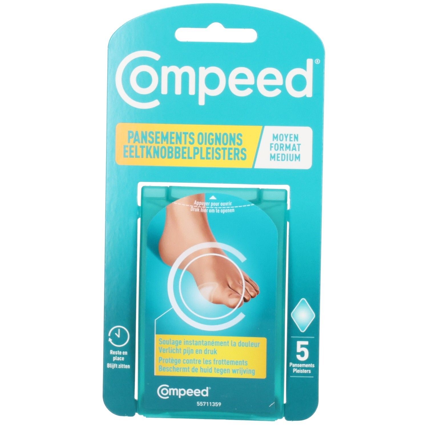 Compeed Pansement Hallux Valgus, emballage avec illustration de pied et 5 pansements.