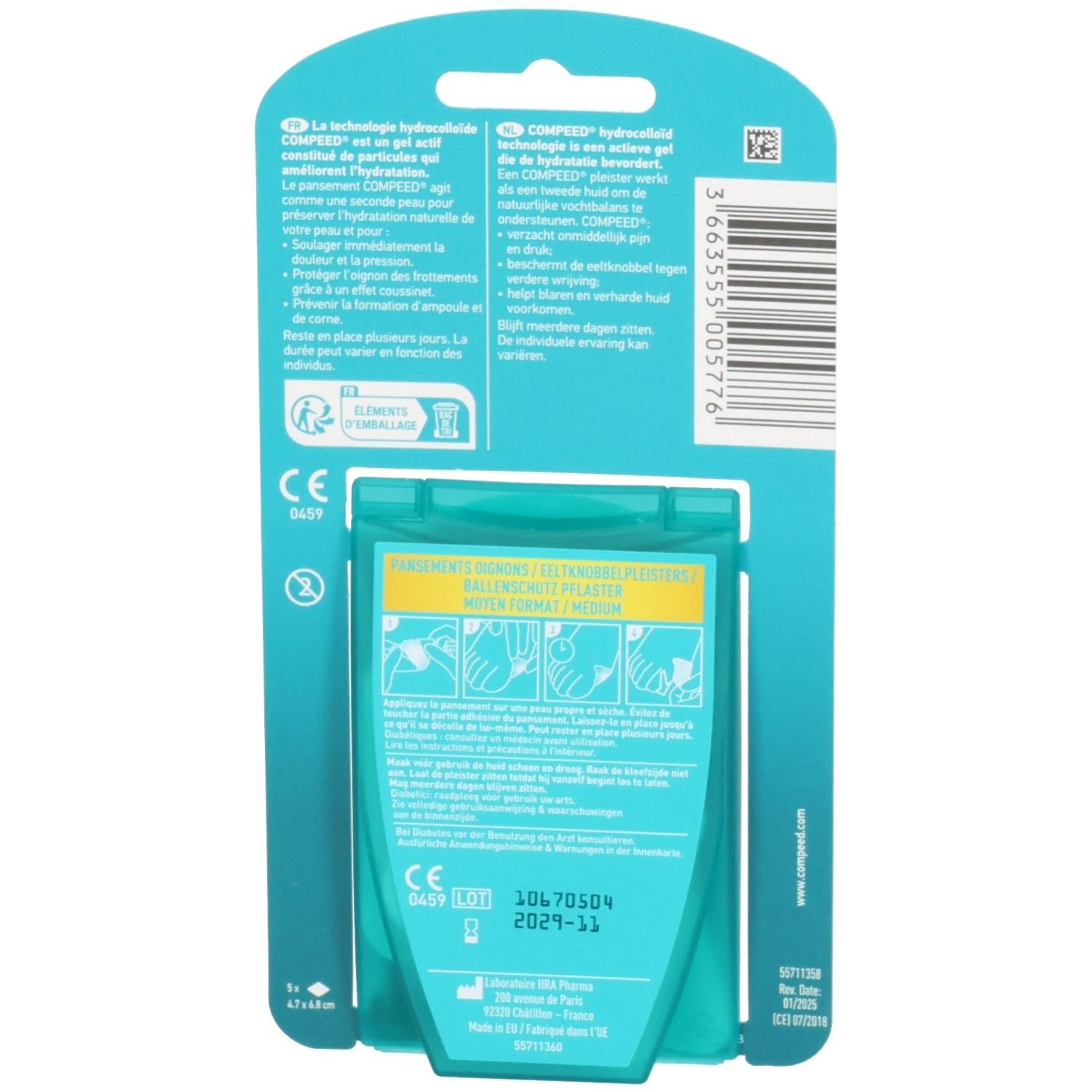 Dos de l'emballage Compeed Pansement Hallux Valgus avec instructions d'utilisation et marquage CE.