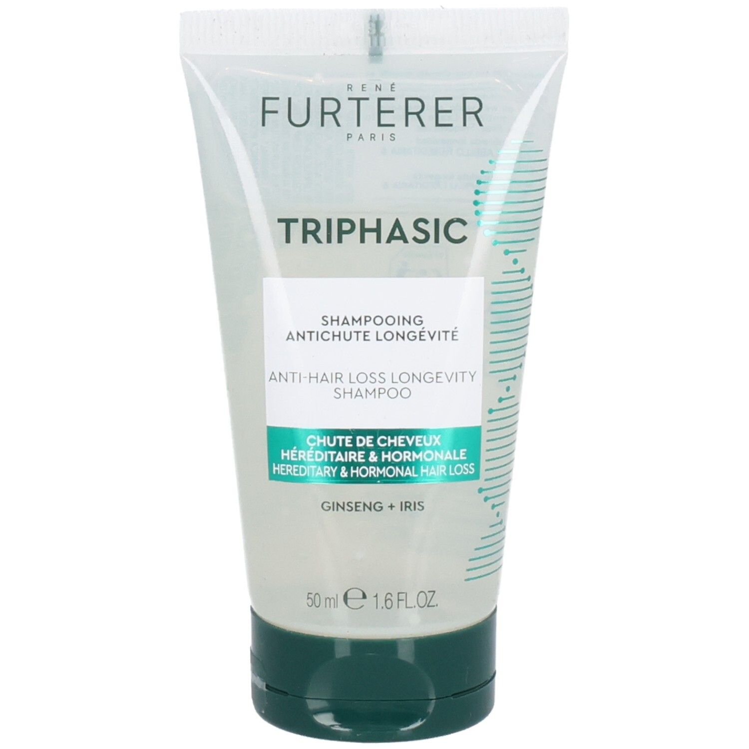 Tube transparent, bouchon vert. Inscription: TRIPHASIC, SHAMPOOING ANTICHUTE LONGÉVITÉ. Contient Ginseng + Iris.