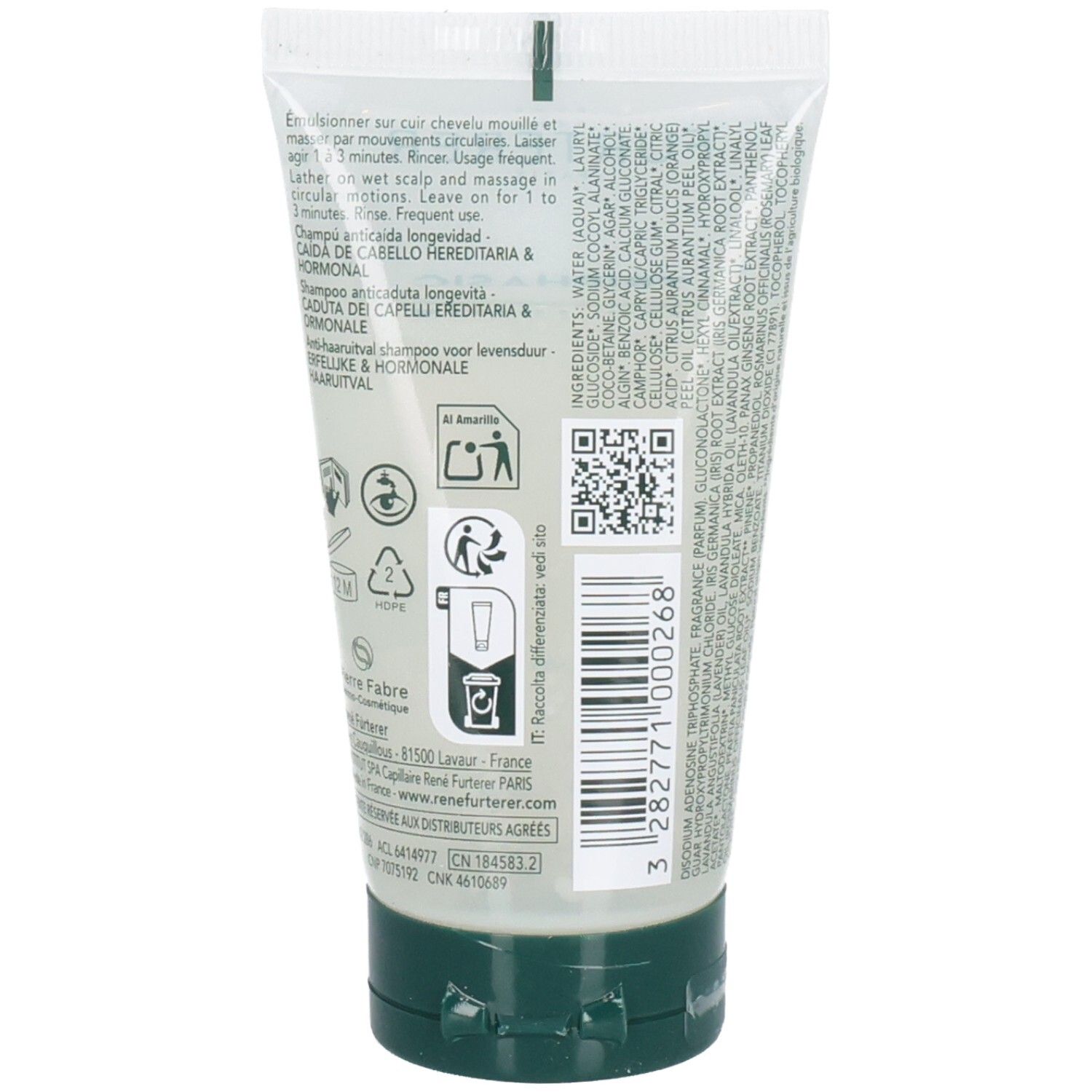 Dos du tube. Texte multilingue. Code QR et symboles de recyclage. Ingrédients et informations fabricant.