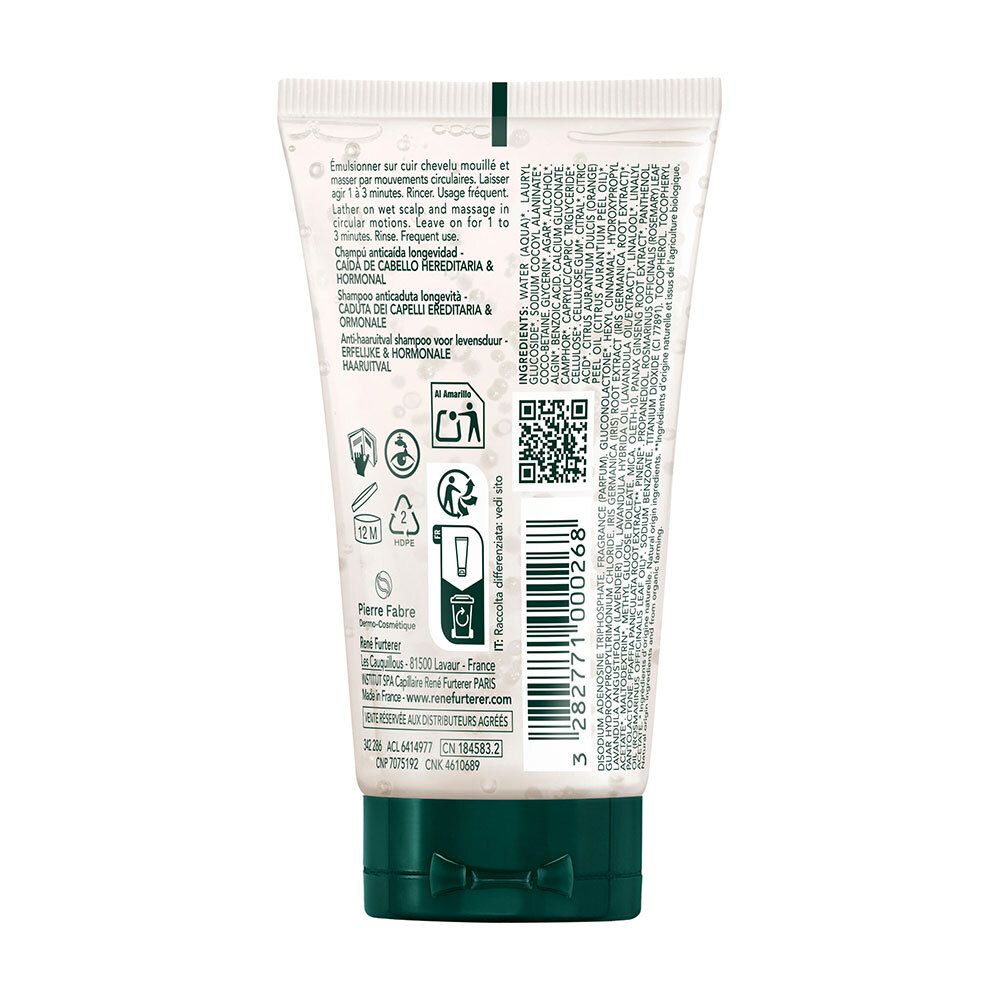 Dos du tube de shampooing. Texte multilingue. Code QR et symboles de recyclage.