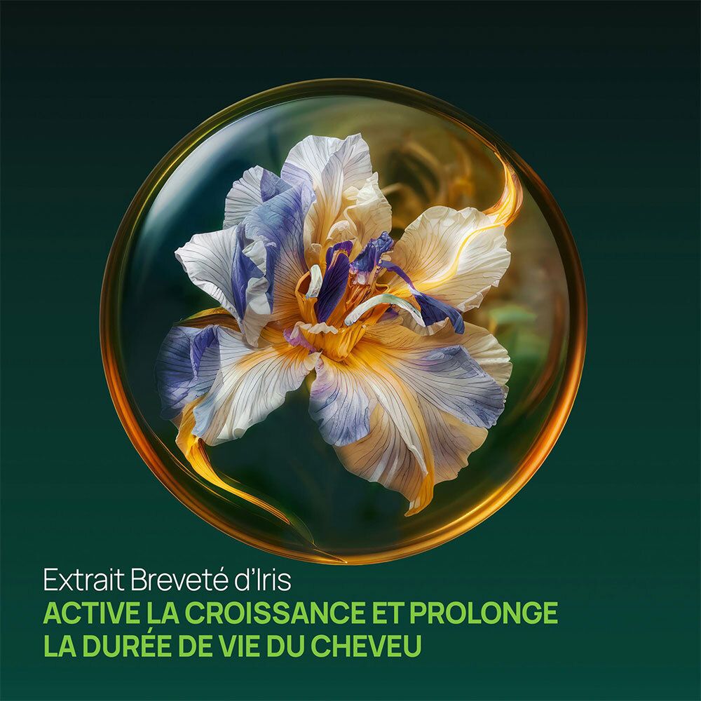 Gros plan d'une fleur d'iris dans un cercle doré. Texte: Extrait breveté d'iris, active la croissance et prolonge la durée de vie.