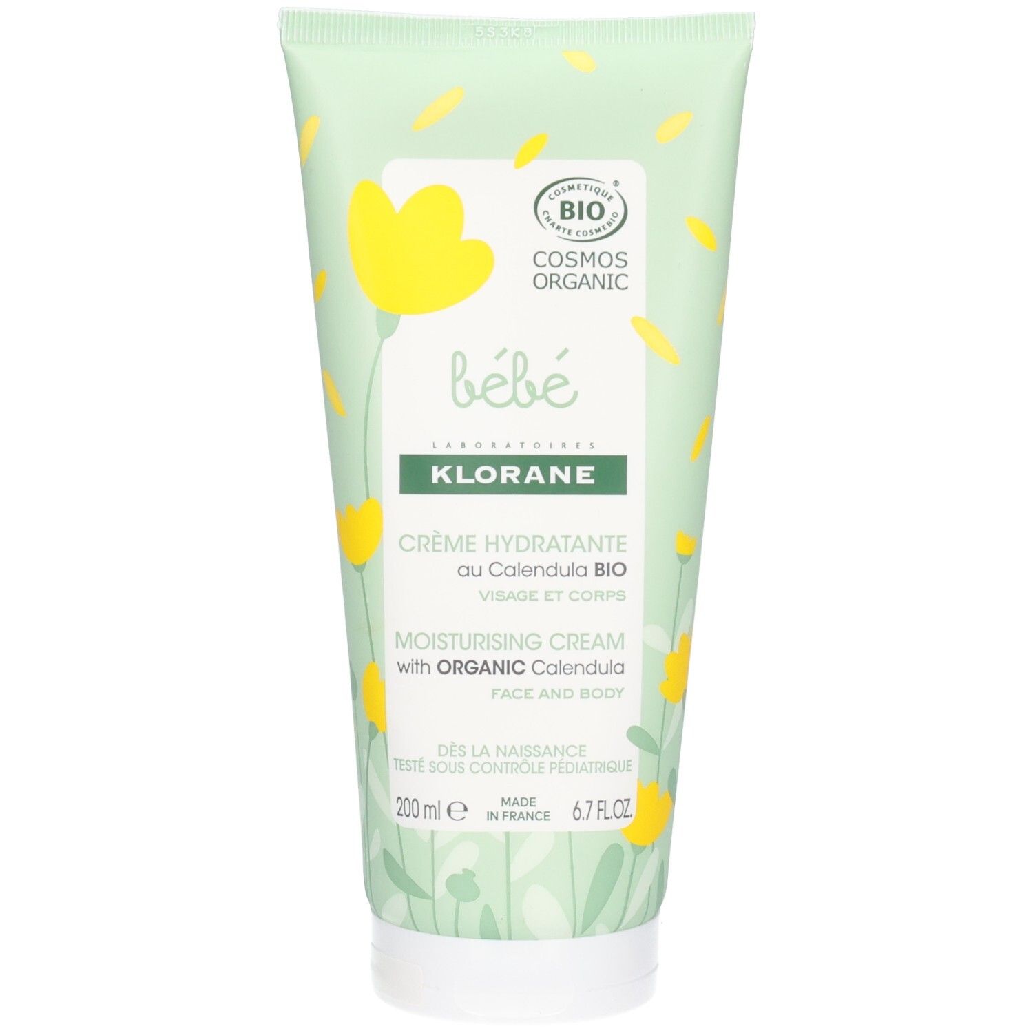 Tube vert avec fleurs jaunes. Inscription: Klorane Bébé Crème hydratante au Calendula BIO. Certification bio.