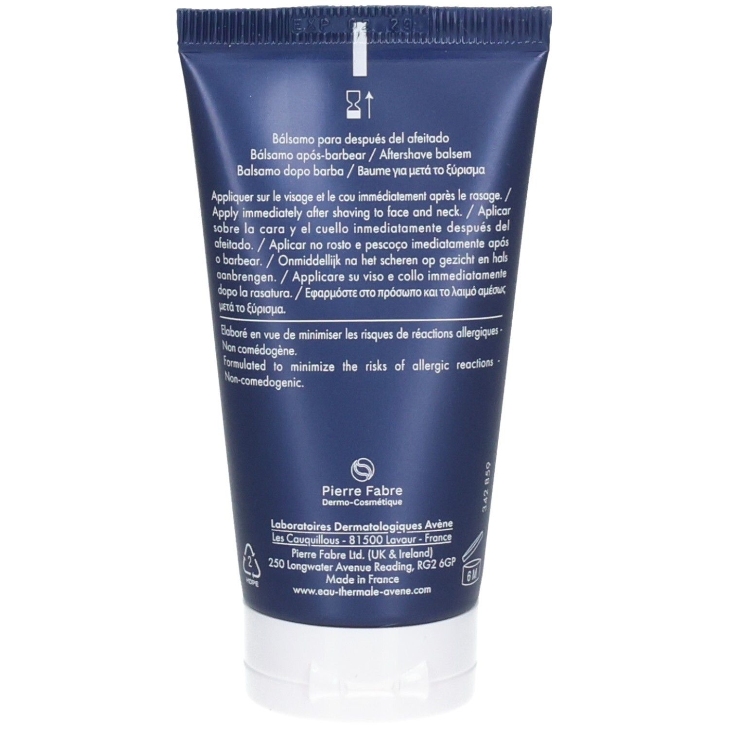 Arrière du tube Avène Baume Après-Rasage avec instructions et informations fabricant.