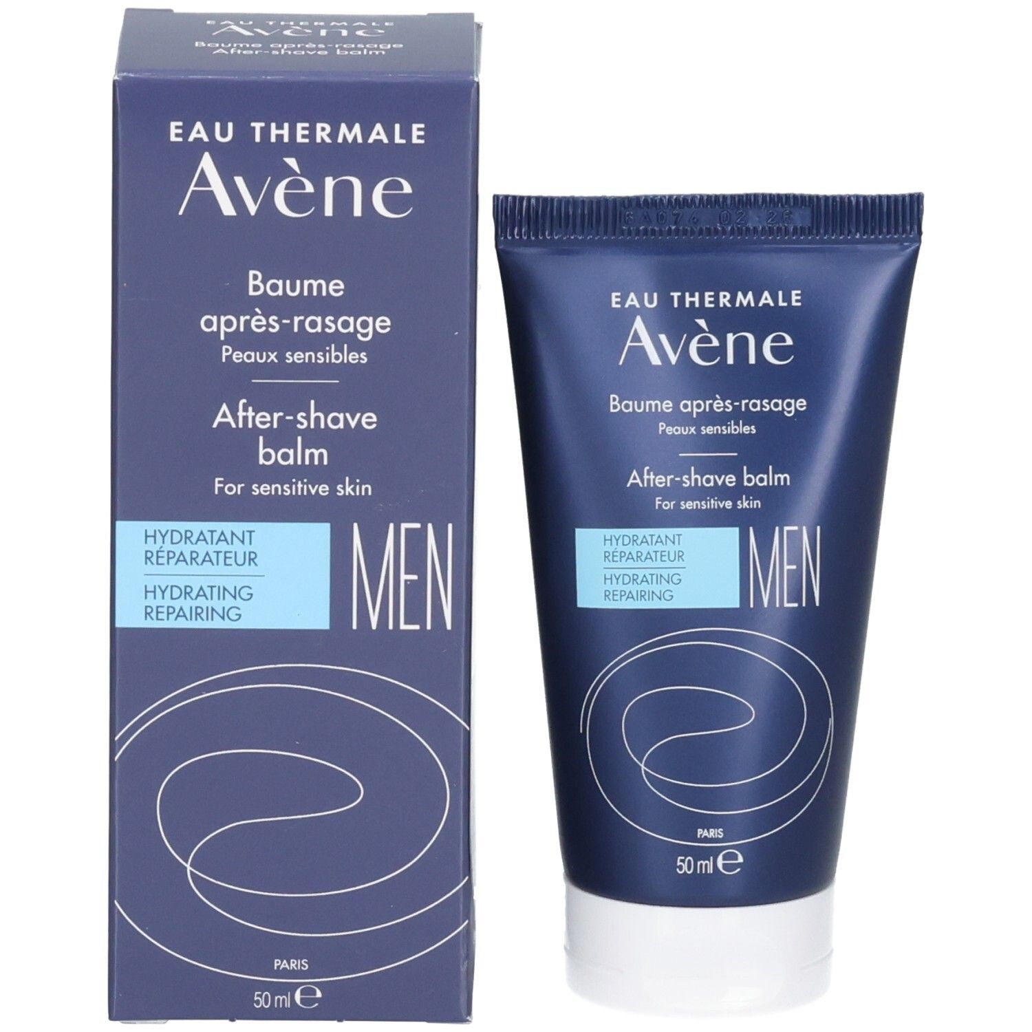 Tube et boîte Avène Baume Après-Rasage : Hydratant, réparateur, pour hommes.