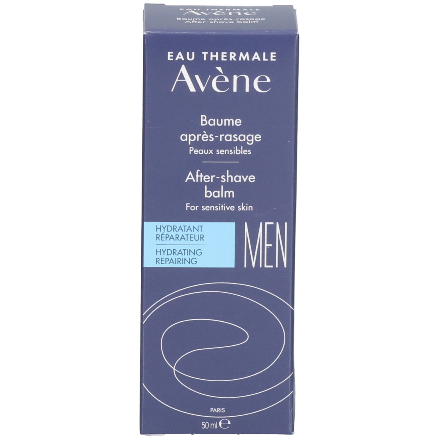 Avant de la boîte Avène Baume Après-Rasage : Hydratant, réparateur, pour hommes.