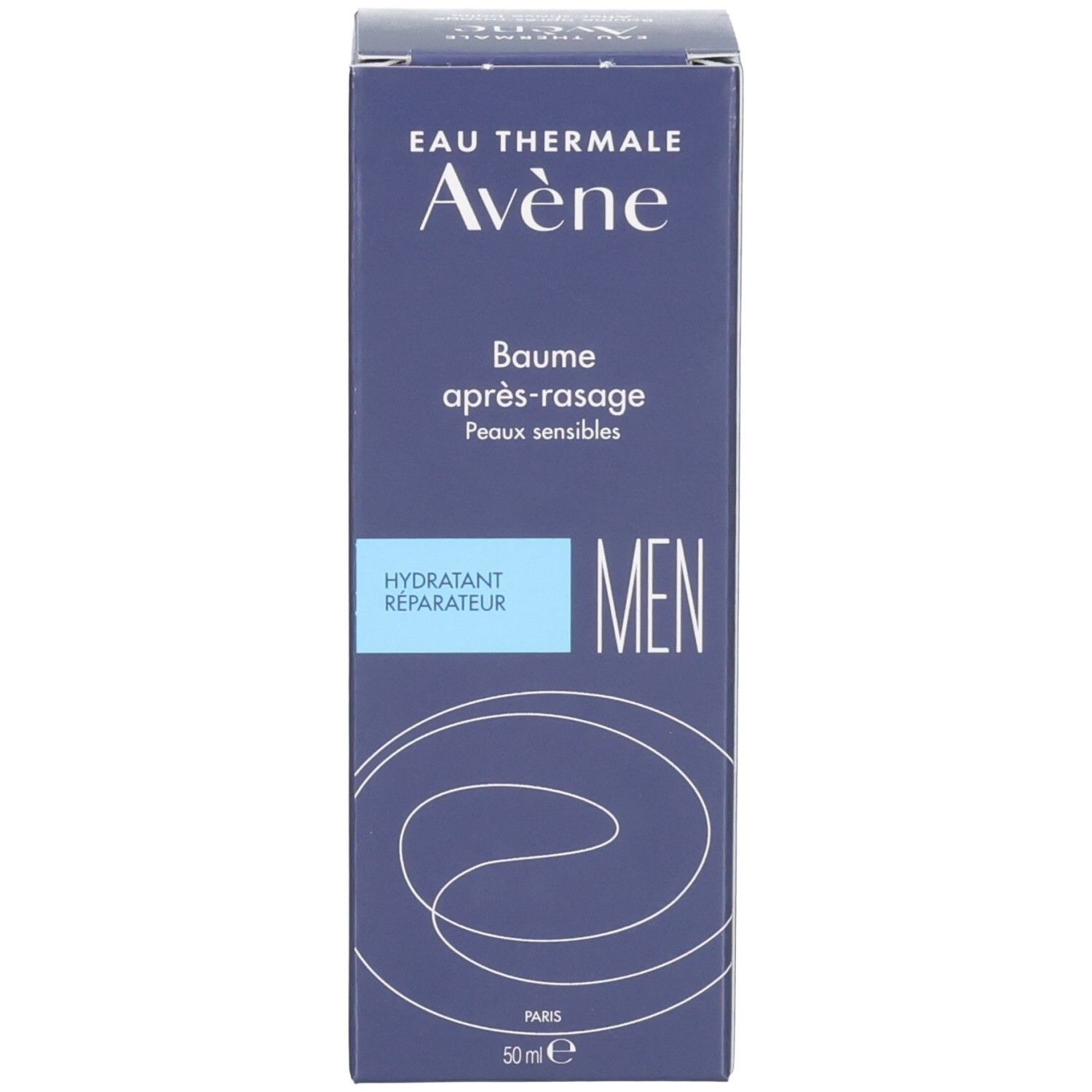 Vue latérale de la boîte Avène Baume Après-Rasage avec ingrédients et informations fabricant.