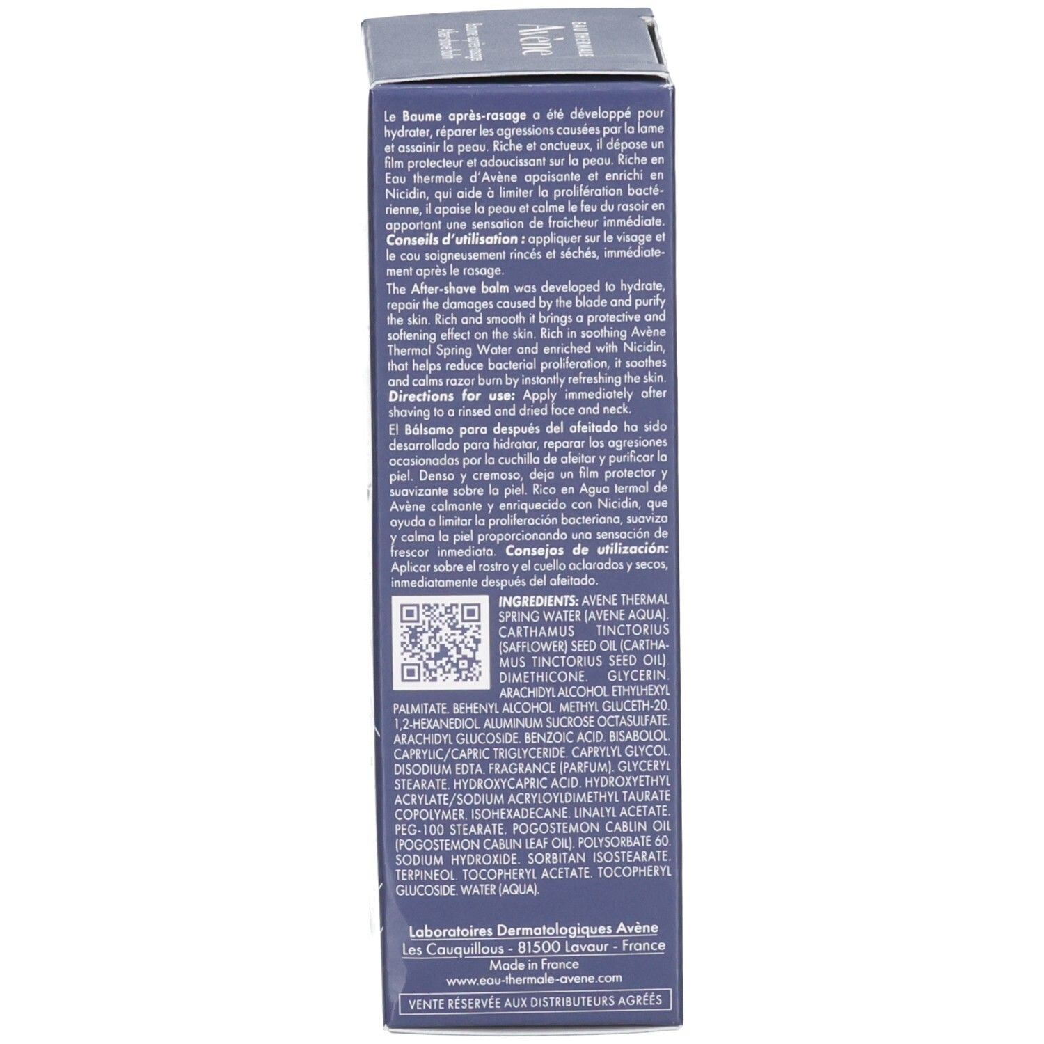 Avant de la boîte Avène Baume Après-Rasage : Hydratant, réparateur, pour hommes.