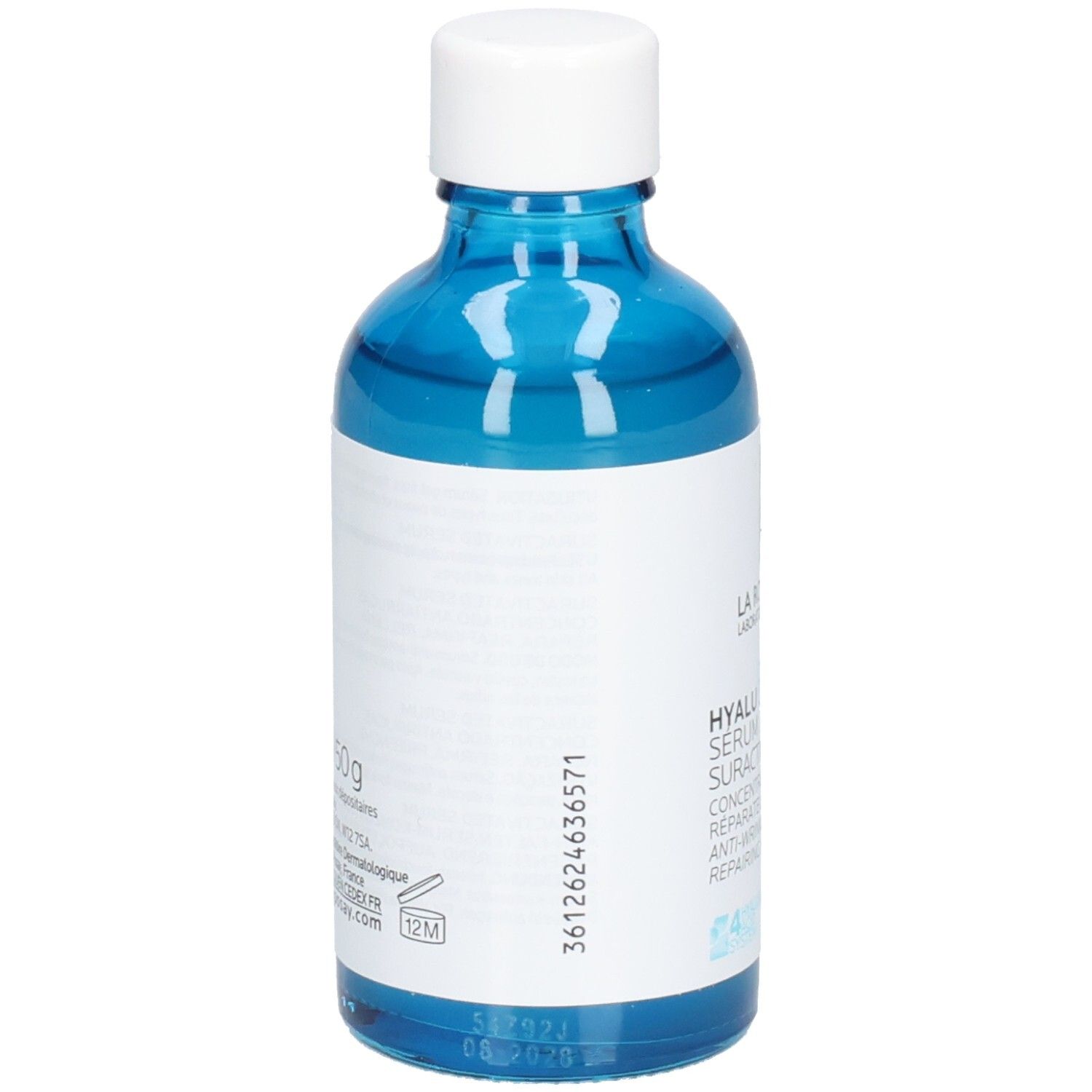 Flacon en verre bleu avec bouchon blanc. Étiquette arrière avec informations. Imprimé: 12M, 50g.