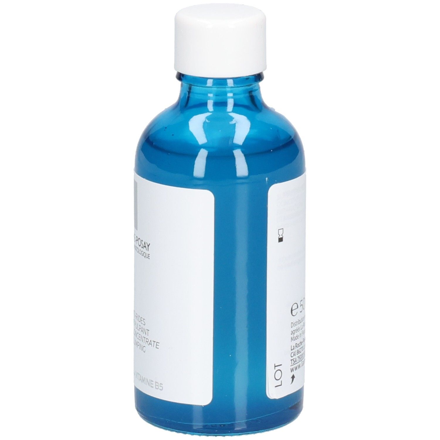 Flacon en verre bleu avec bouchon blanc. Dos avec étiquette. Imprimé: e 50 ml/50g, informations de fabrication.