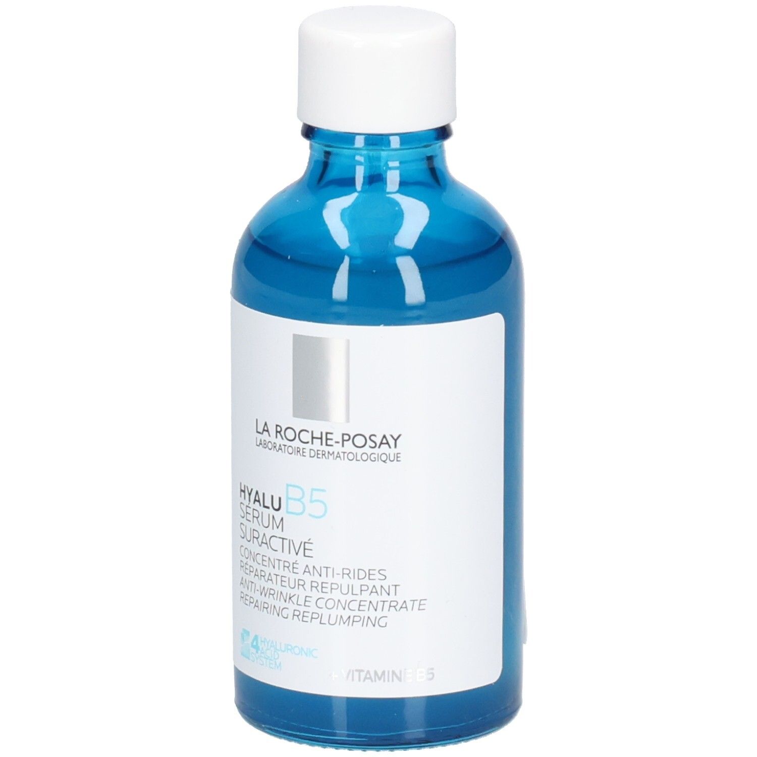 Flacon en verre bleu avec bouchon blanc. Inscription: LA ROCHE-POSAY, HYALU B5 SERUM SURACTIVE, concentré anti-rides.