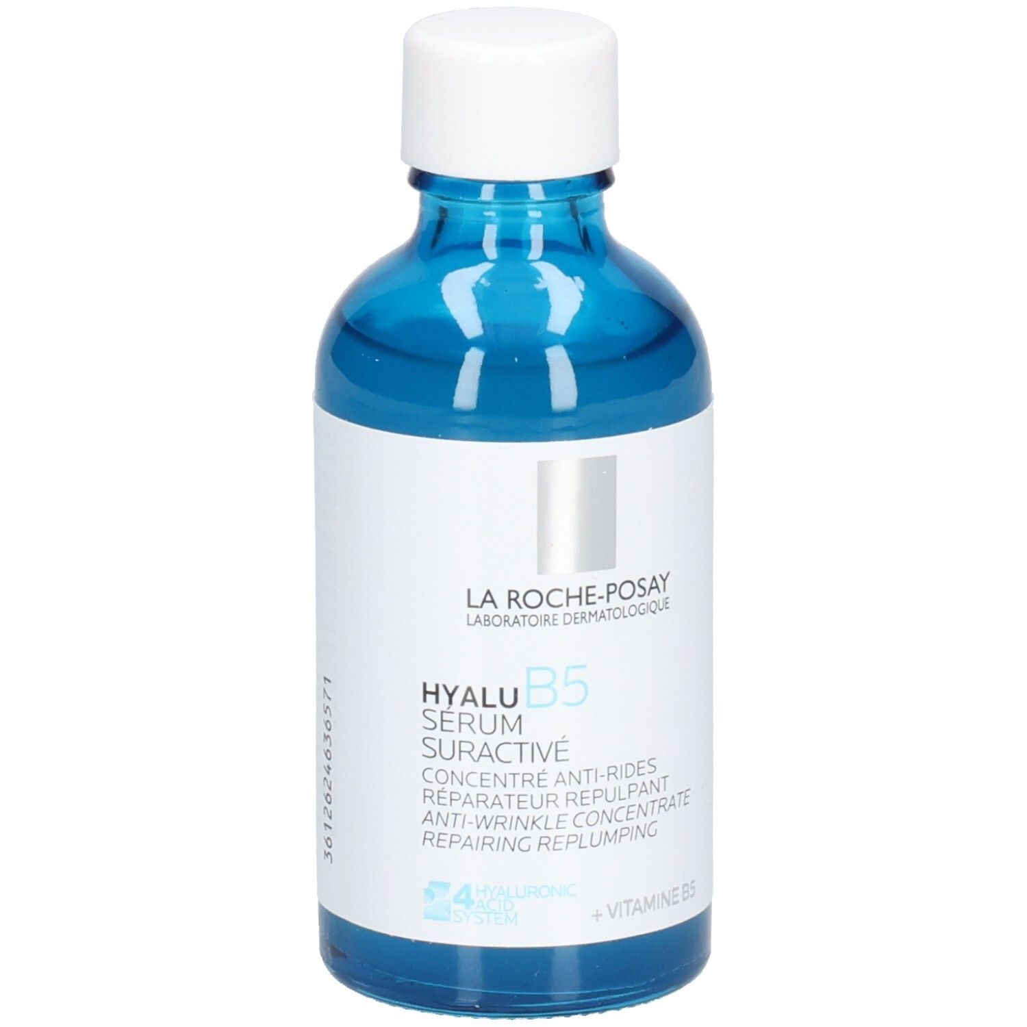 Flacon en verre bleu avec bouchon blanc. Inscription: LA ROCHE-POSAY, HYALU B5 SERUM SURACTIVE, concentré anti-rides.