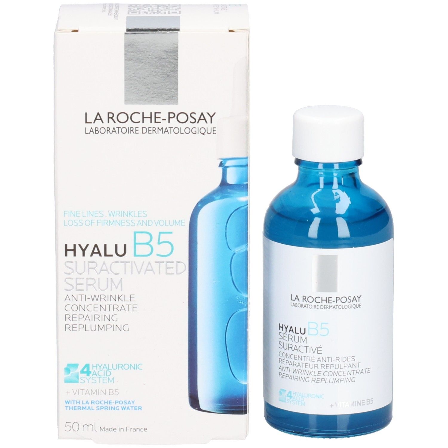 Emballage et flacon. Inscription: LA ROCHE-POSAY, HYALU B5 SURACTIVATED SERUM, concentré anti-rides. 50 ml.