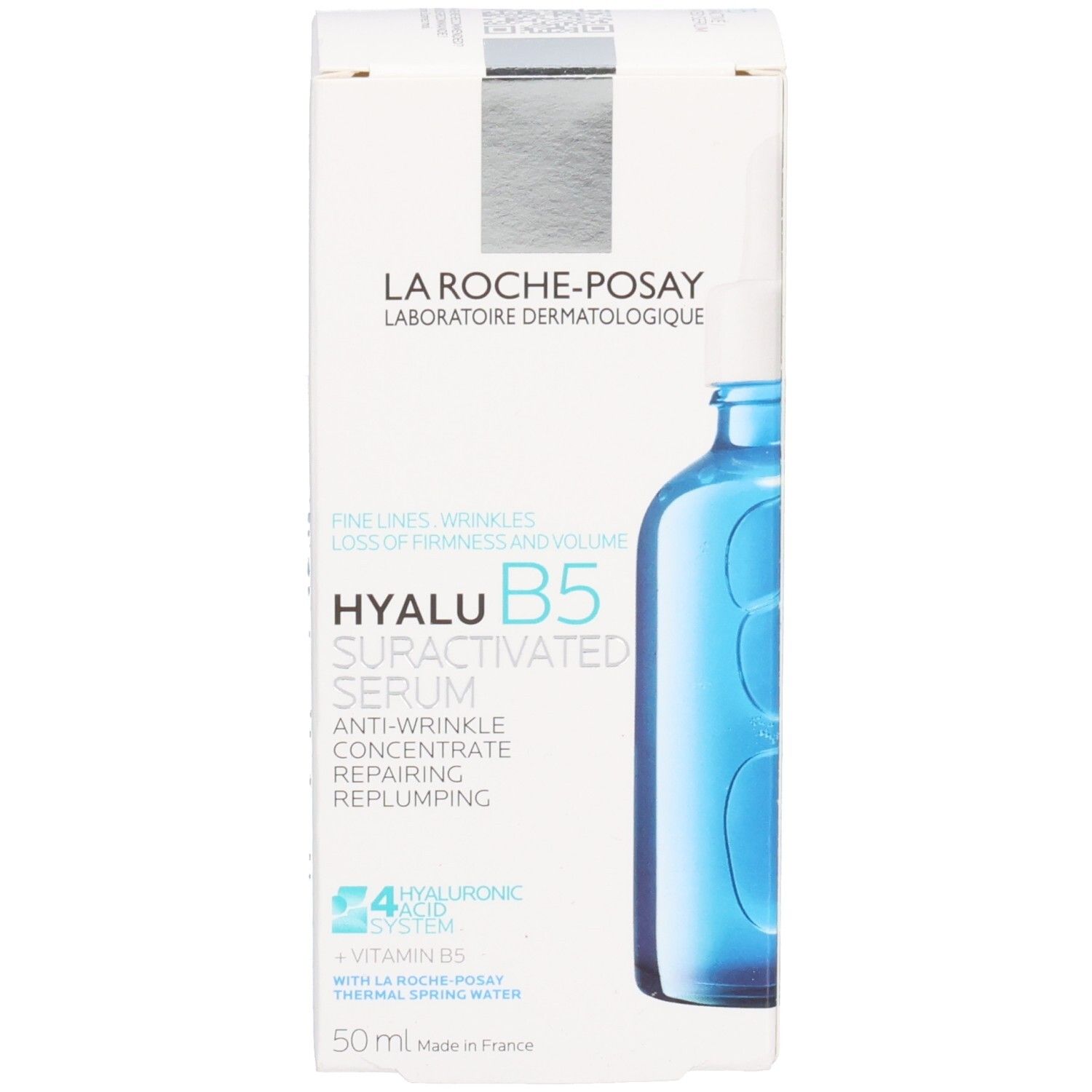 Emballage du produit. Inscription: LA ROCHE-POSAY, HYALU B5 SURACTIVATED SERUM, concentré anti-rides. 50 ml.