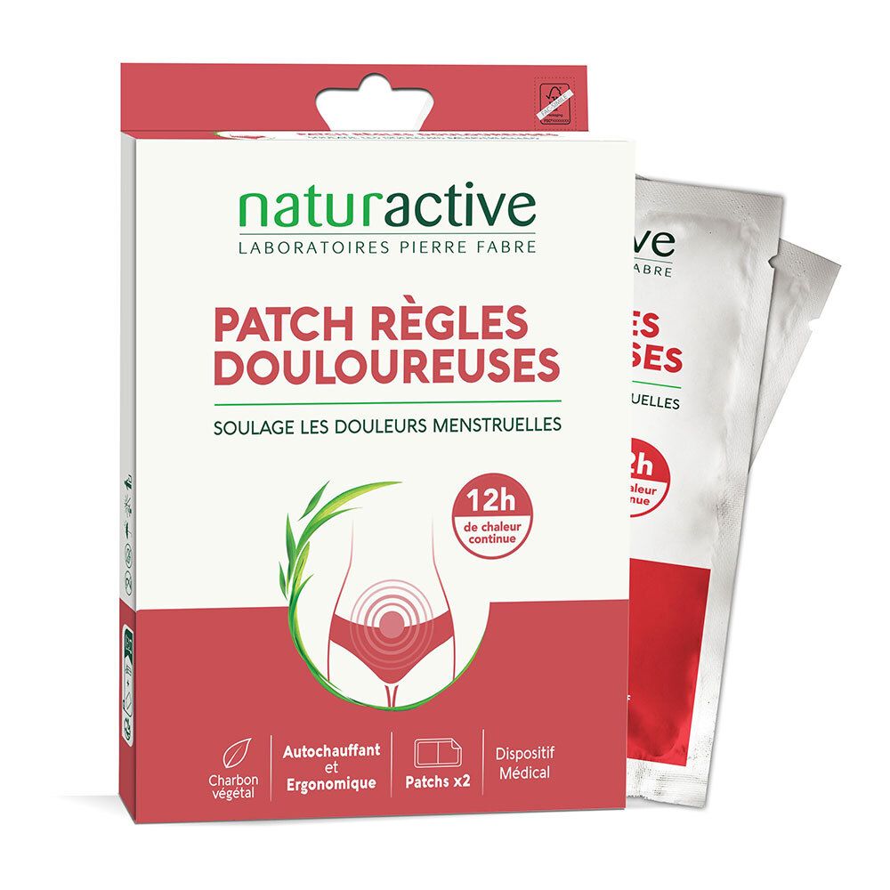 Boîte de deux patchs auto-chauffants pour douleurs menstruelles. Image d'une silhouette féminine stylisée.