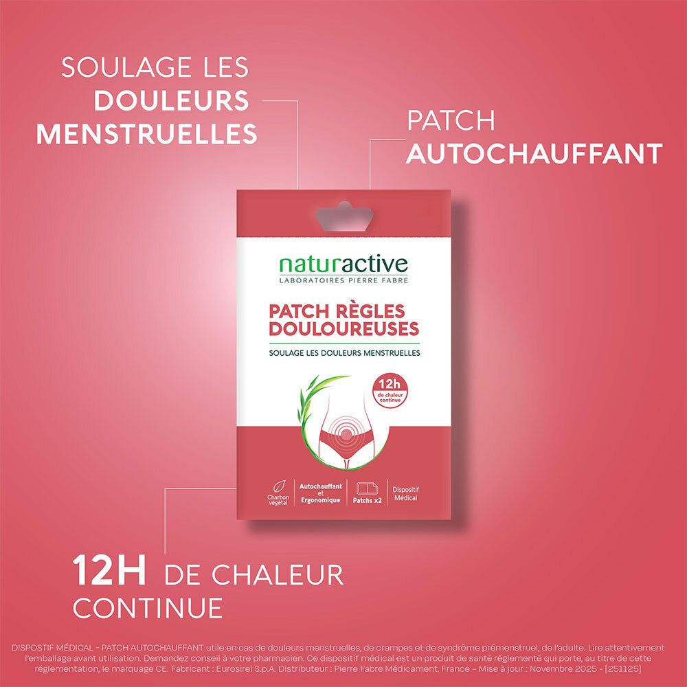 Emballage produit avec indications textuelles sur 12h de chaleur continue et soulagement des douleurs menstruelles.