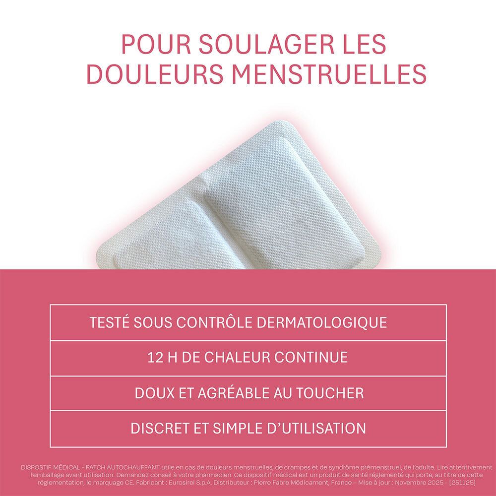 Patch auto-chauffant avec indications : testé dermatologiquement, 12h de chaleur, doux, discret.