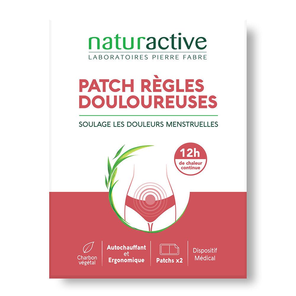 Face avant de l'emballage du produit pour patchs auto-chauffants douleurs menstruelles.