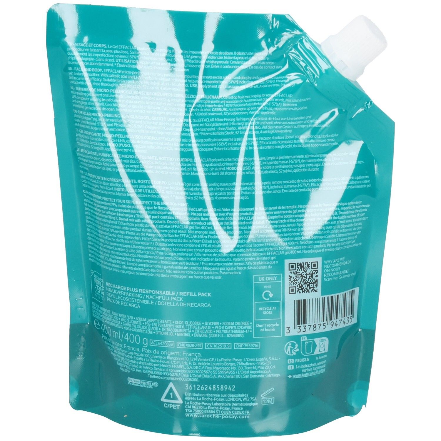 Dos de la recharge turquoise. Texte et code QR. Volume: 400 g.