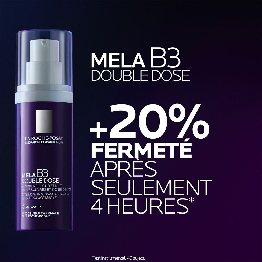 Flacon violet à côté d'un texte indiquant +20% de fermeté après 4 heures.