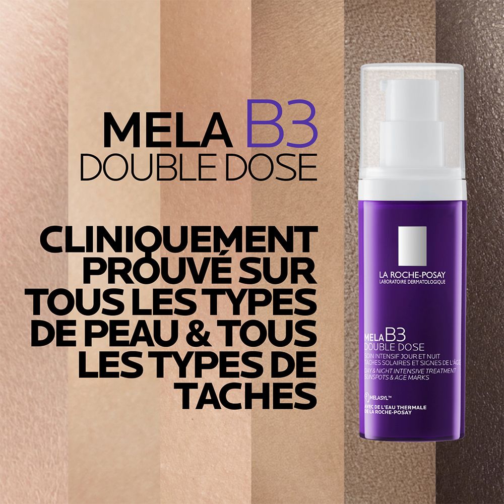 Flacon violet à côté d'un texte indiquant une efficacité prouvée sur tous types de peau et taches.