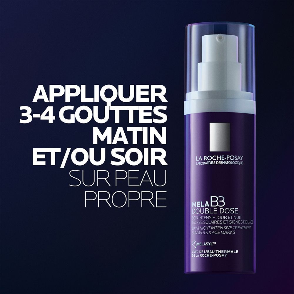 Flacon violet à côté d'un texte indiquant comment l'appliquer : 3-4 gouttes matin et/ou soir.