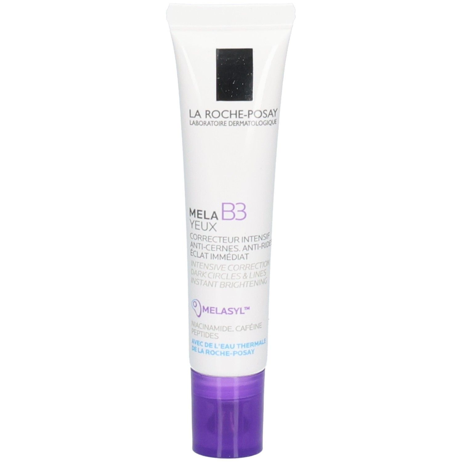 Tube blanc, bouchon violet. Inscriptions: La Roche-Posay, Mela B3 Yeux. Corrige cernes. Contient Melasyl.
