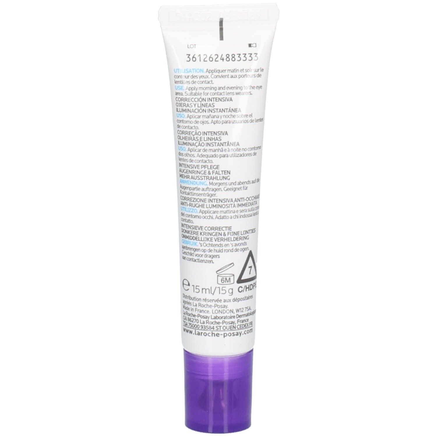 Dos du tube. Texte multilingue. Informations d'utilisation et ingrédients. Contenance 15 ml.