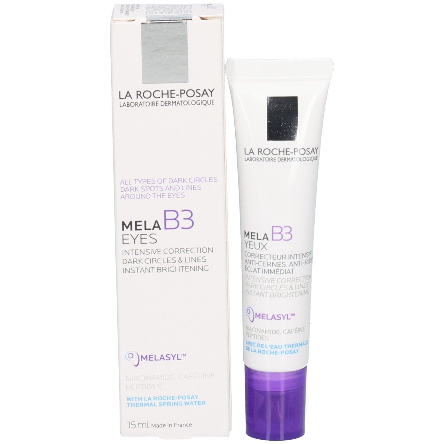 Emballage et tube. Emballage blanc avec inscriptions: La Roche-Posay, Mela B3 Yeux. Corrige cernes.
