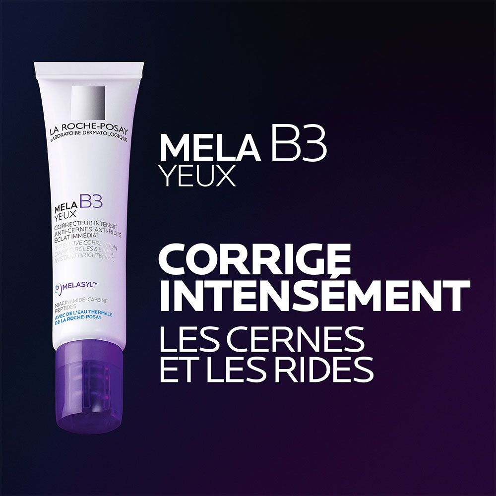 Tube La Roche-Posay Mela B3 Yeux avec texte : Corrige intensément cernes et rides.