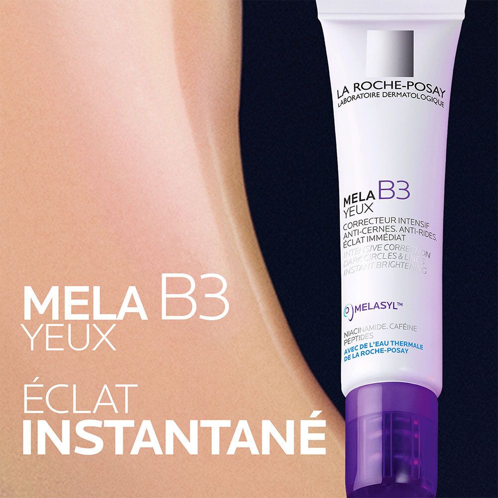 Tube La Roche-Posay Mela B3 Yeux près d'une partie de la peau avec texte : Éclat instantané.