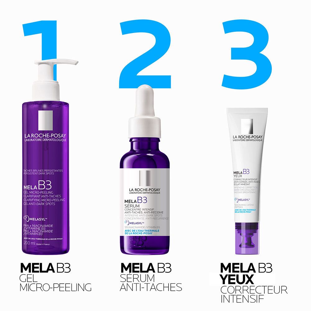 La Roche-Posay Mela B3 Gel, Sérum et Correcteur Yeux en schéma 1-2-3.